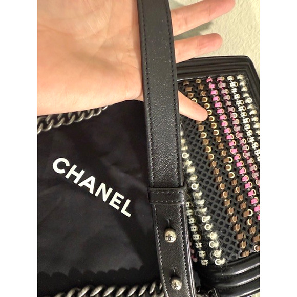 Chanel TWEED WOVEN Medium Boy Flap Bag Embellished Black Lambskin Box & Dustbag - Picture 8 of 16